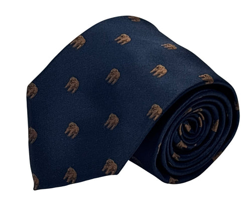 navy dark blue tie with brown grizzly bear design